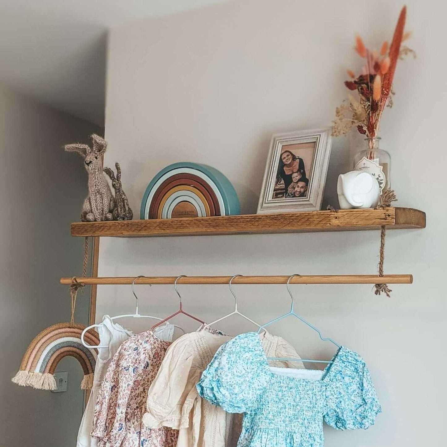 Nursery Floating Shelf with Hanging Clothes Rail - 30 cm by 14 cm