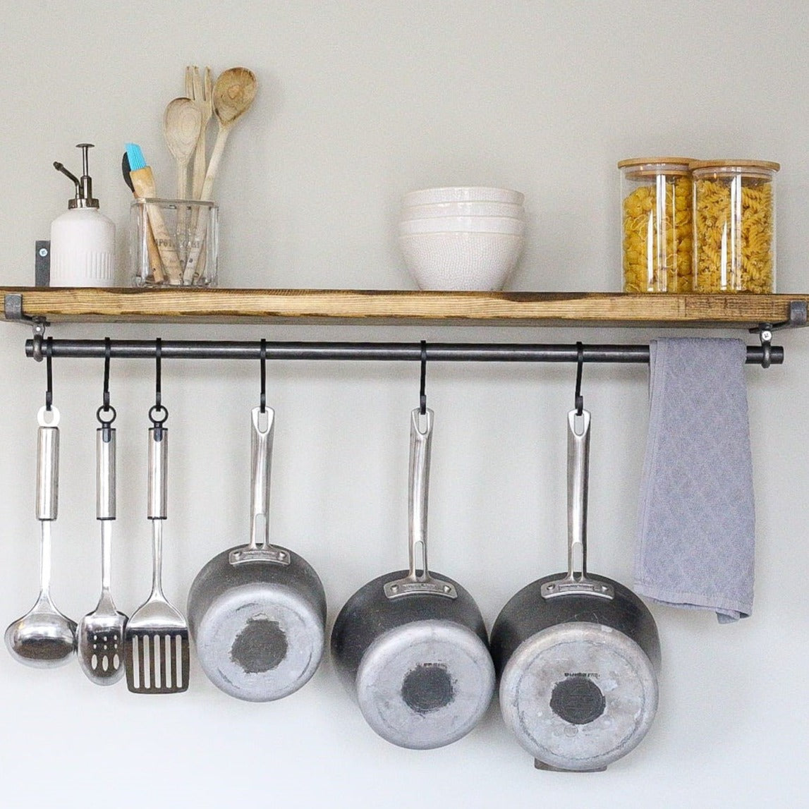 Rustic Scaffold Shelves with Utensil Rack - 110 cm by 22 cm